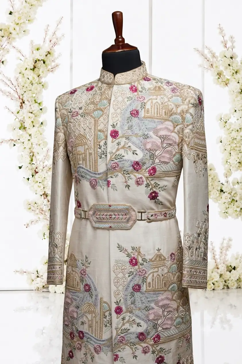 Light Beige Silk Wedding Sherwani with Straight Cut Style and Mandarin Collar - Image 4