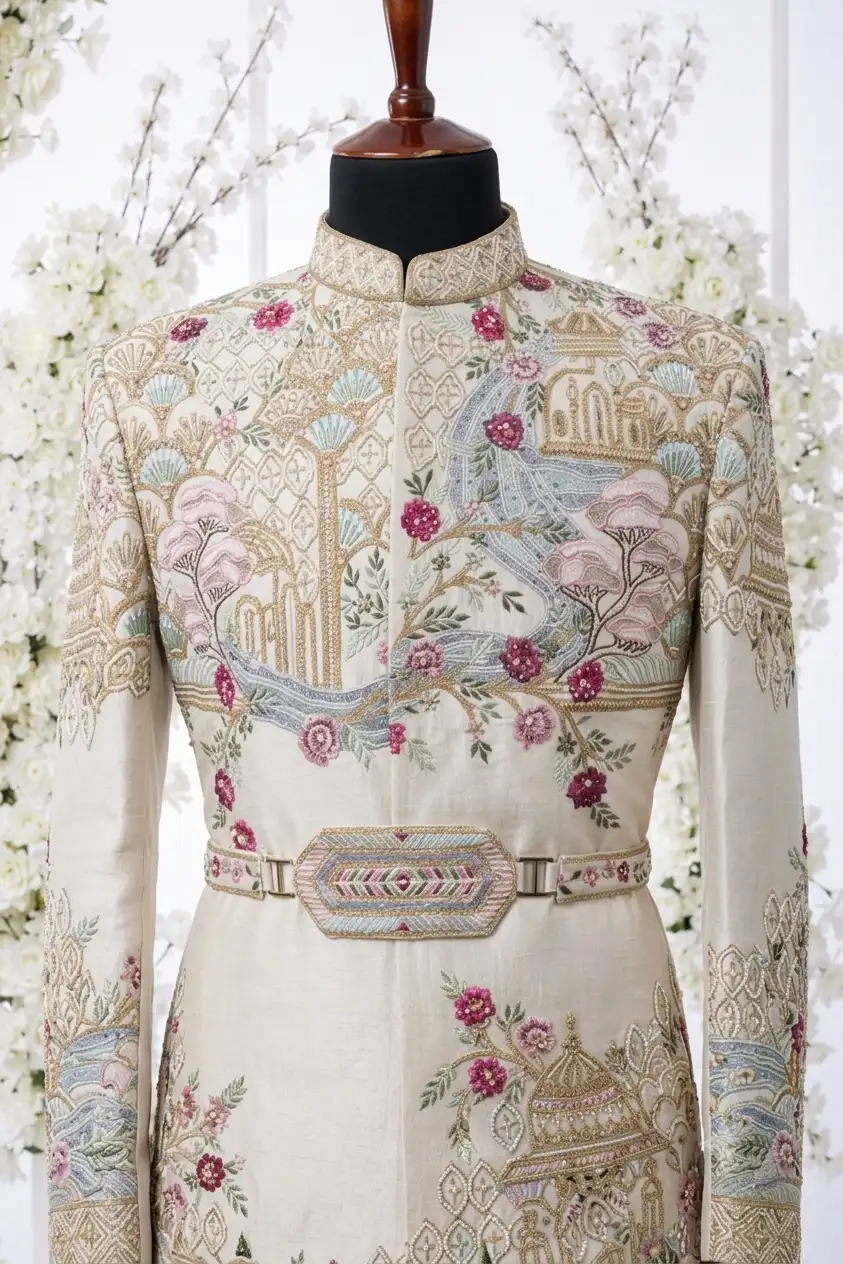 Light Beige Silk Wedding Sherwani with Straight Cut Style and Mandarin Collar - Image 3