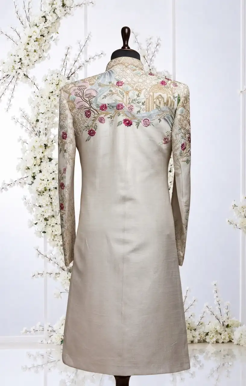Light Beige Silk Wedding Sherwani with Straight Cut Style and Mandarin Collar - Image 2