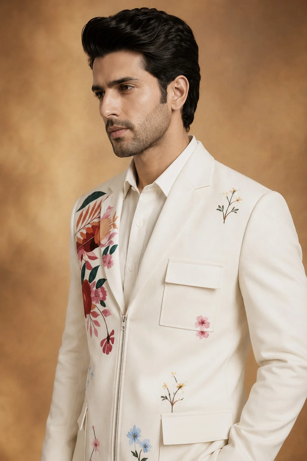 Premium Ivory Floral Zipper Jacket - Image 2
