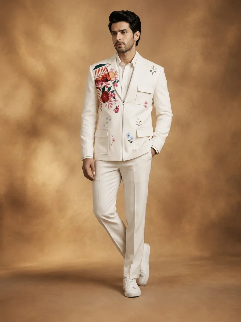 Premium Ivory Floral Zipper Jacket