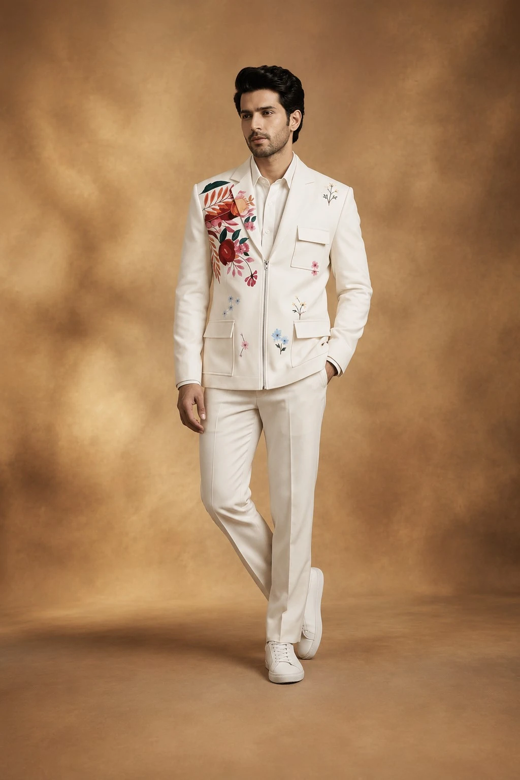 Premium Ivory Floral Zipper Jacket