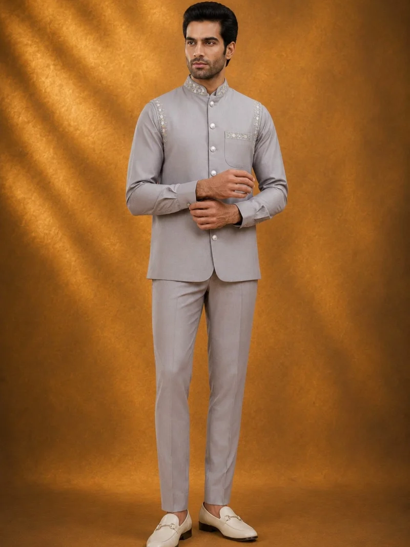 Premium Pearl Grey Embroidered Waistcoat & Chinese Collar Shirt Set