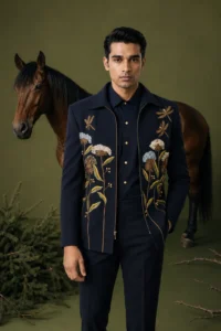 Dark Blue Japanese Floral Aari Embroidered Bomber Jacket Set