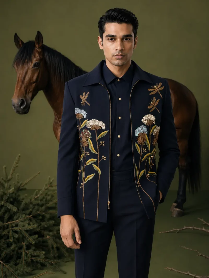 Dark Blue Japanese Floral Aari Embroidered Bomber Jacket Set