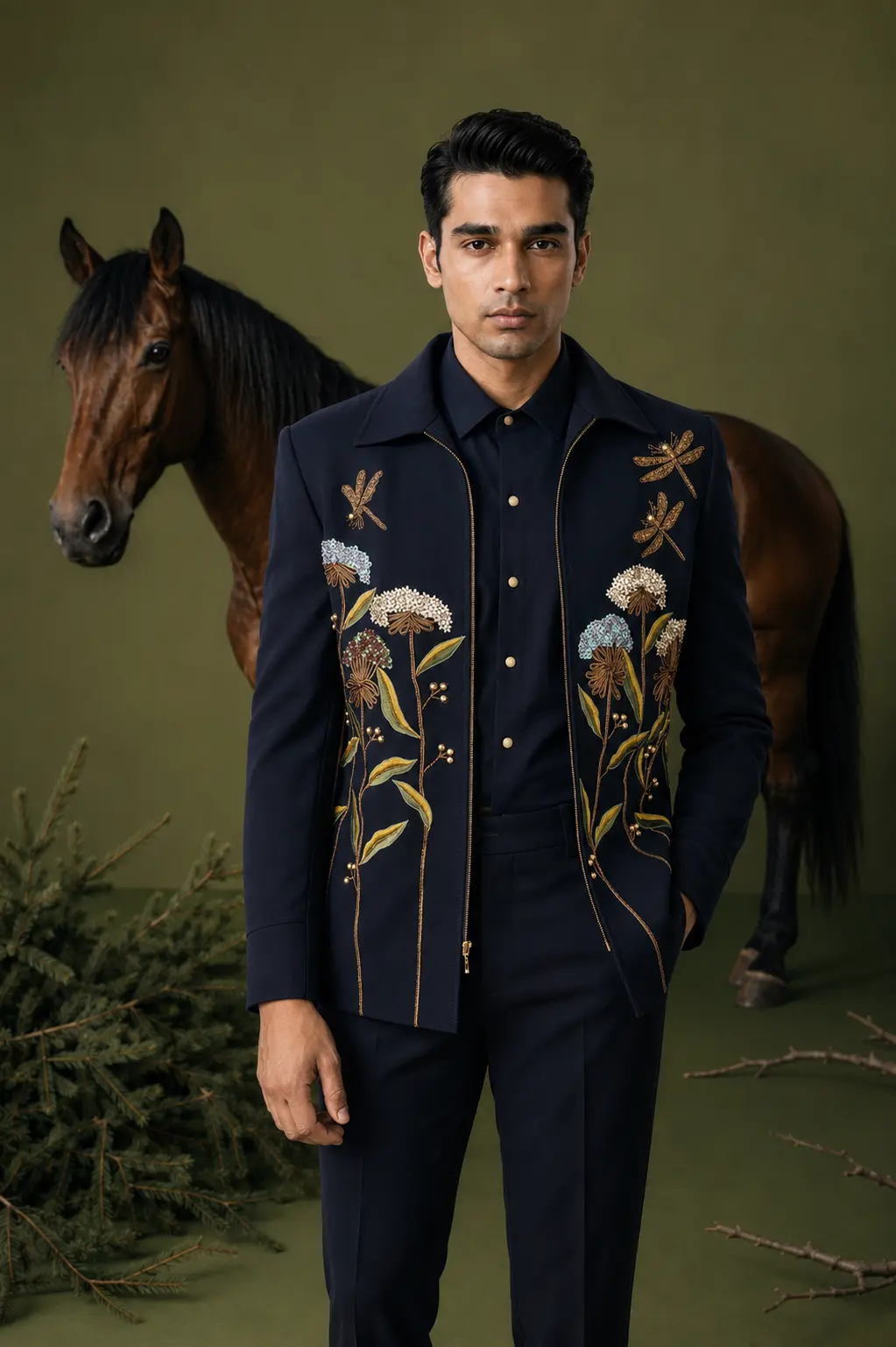 Dark Blue Japanese Floral Aari Embroidered Bomber Jacket Set