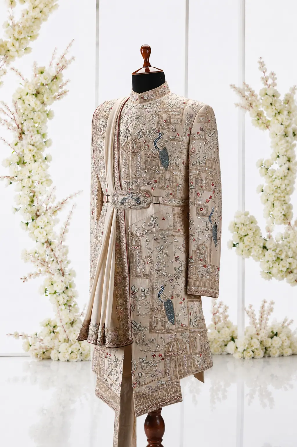 Beige Silk Wedding Sherwani - Image 2