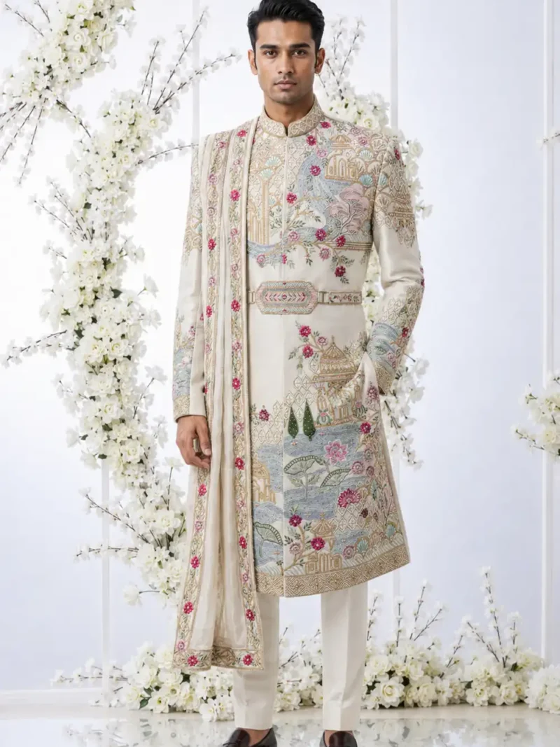 Light Beige Embroidered Sherwani