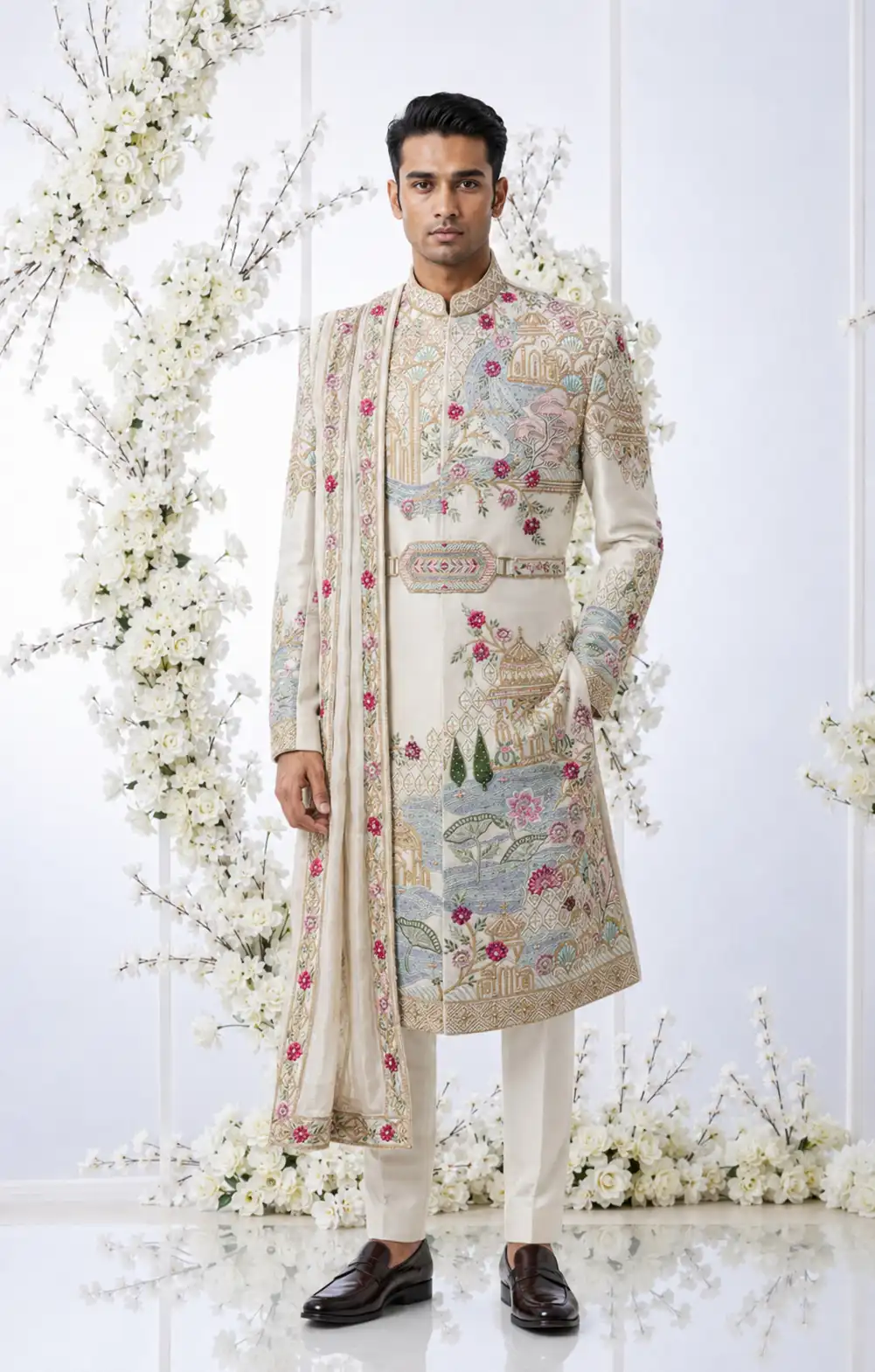 Light Beige Silk Wedding Sherwani with Straight Cut Style and Mandarin Collar