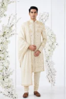 Ivory Raw Silk Sherwani Set