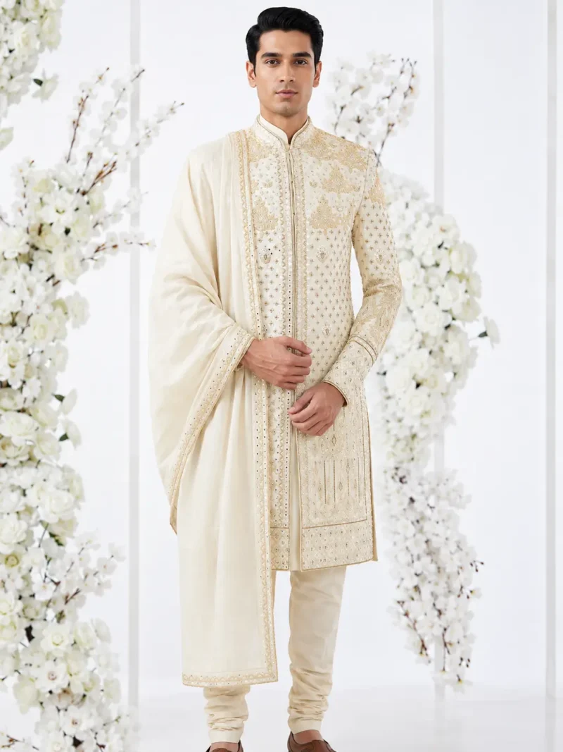 Ivory Raw Silk Sherwani Set