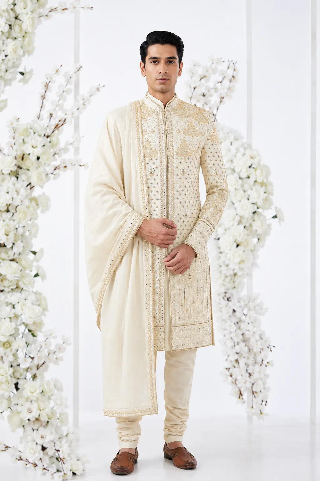 Ivory Raw Silk Sherwani Set