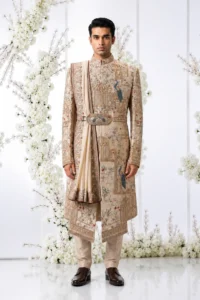 Beige Silk Wedding Sherwani