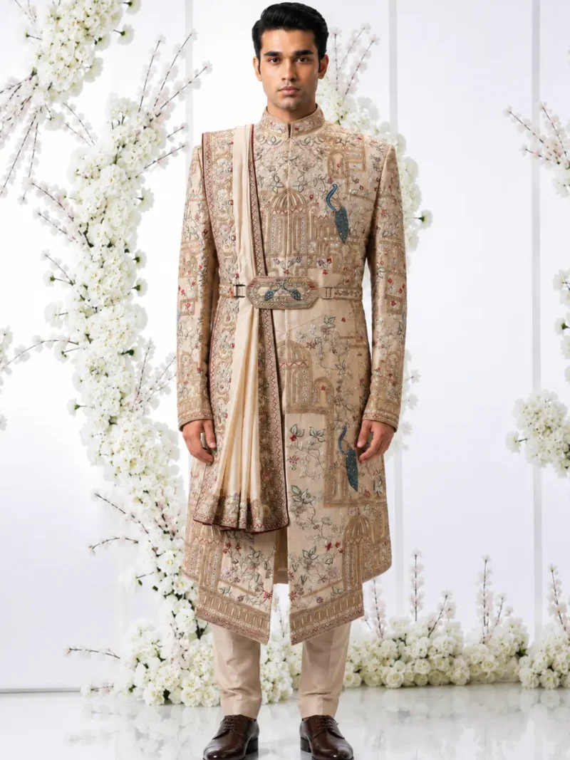 Beige Silk Wedding Sherwani