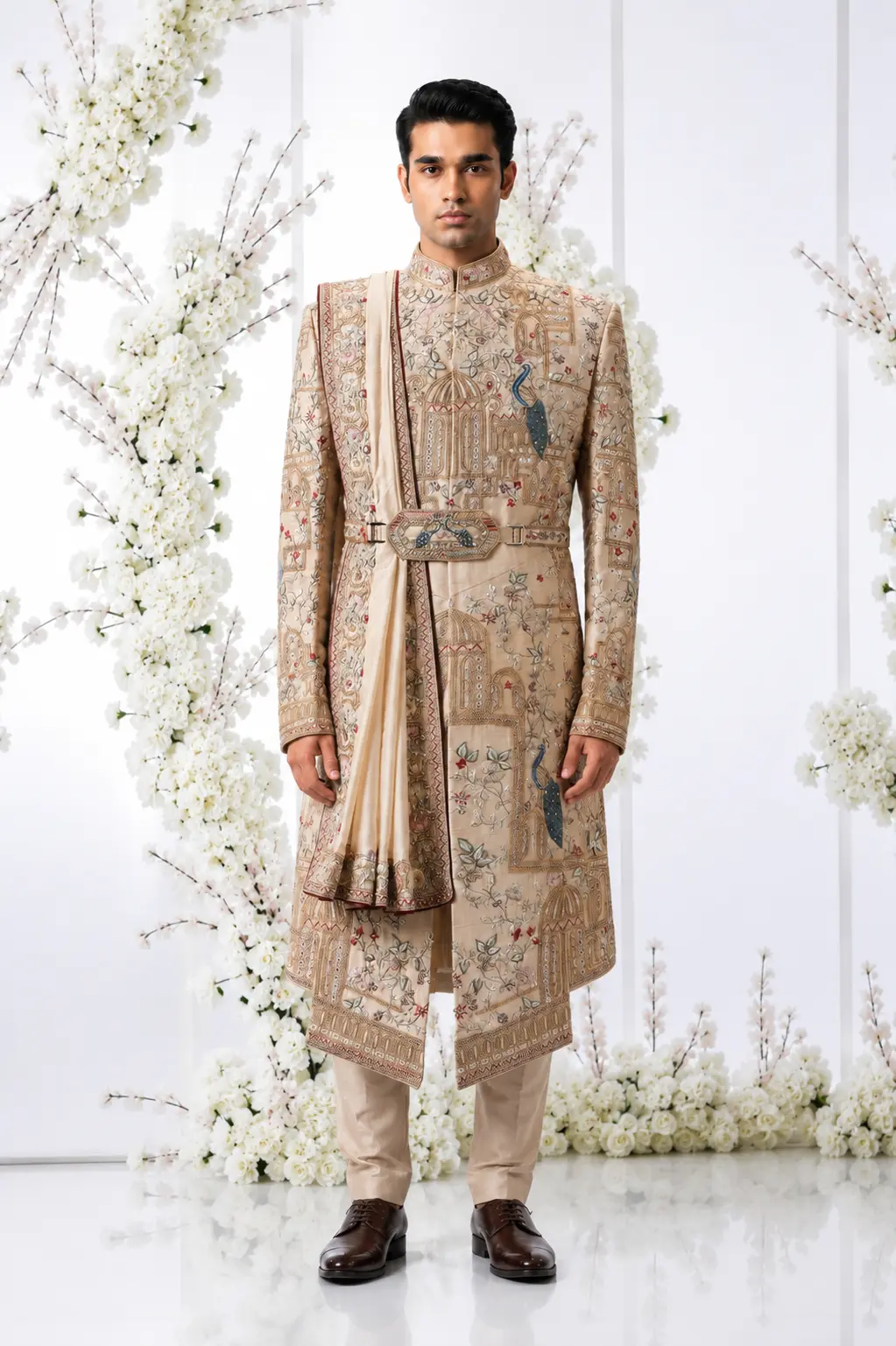 Beige Silk Wedding Sherwani