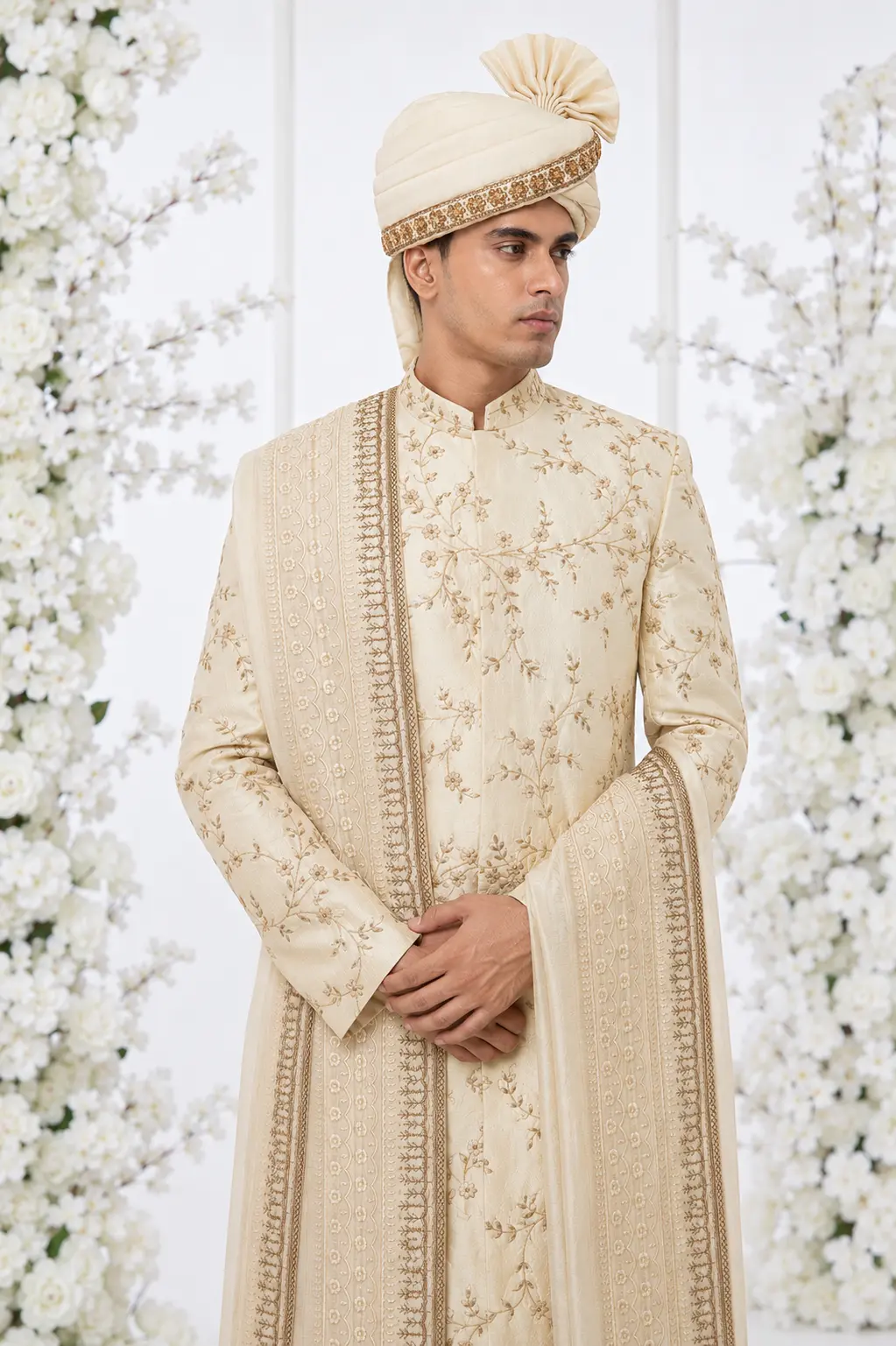 Beige Raw Silk Floral Motif Embroidered Sherwani Set - Image 3