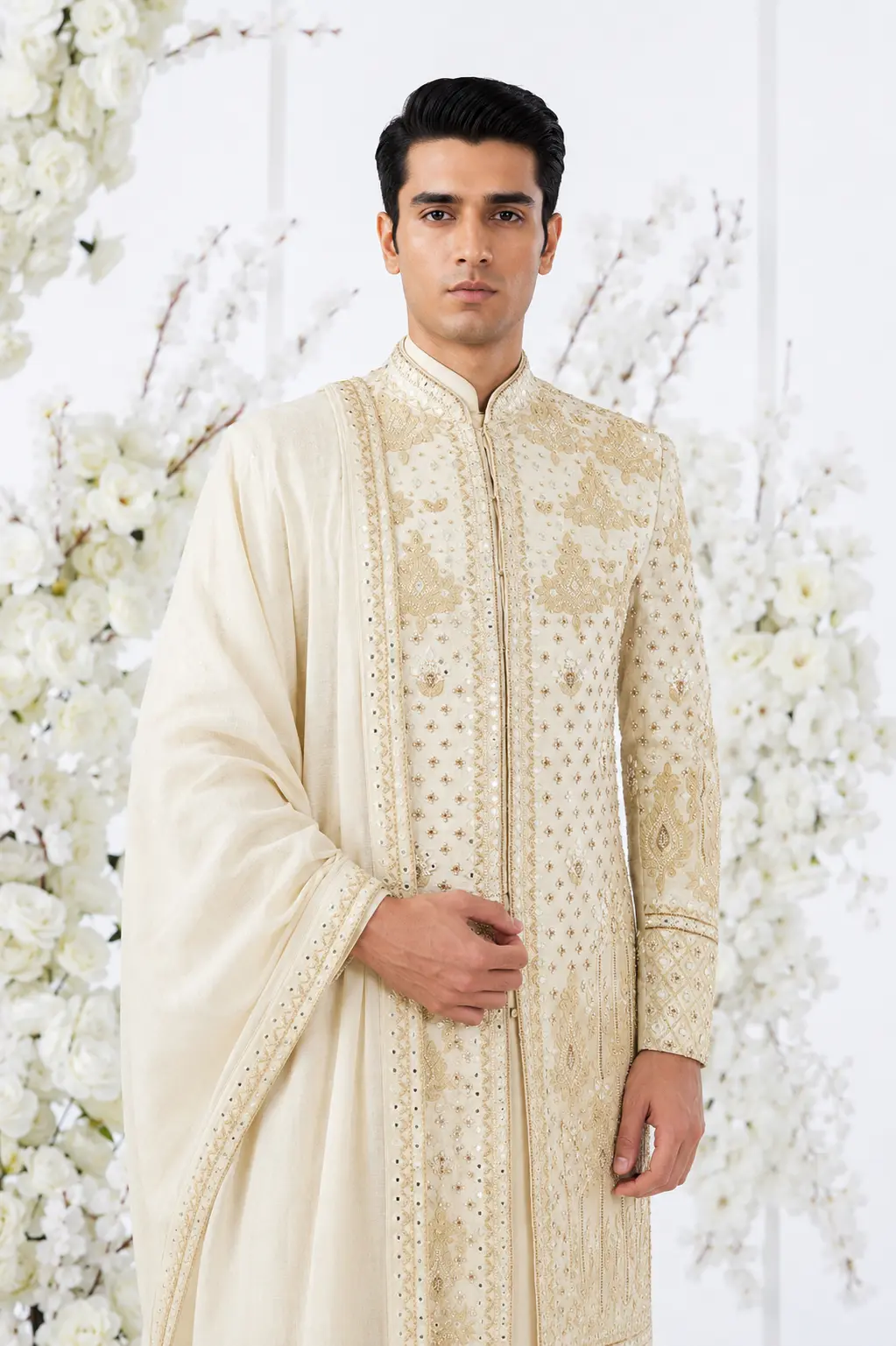 Ivory Raw Silk Sherwani Set - Image 3