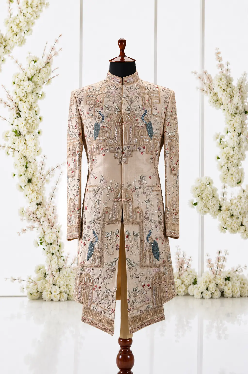 Beige Silk Wedding Sherwani - Image 3