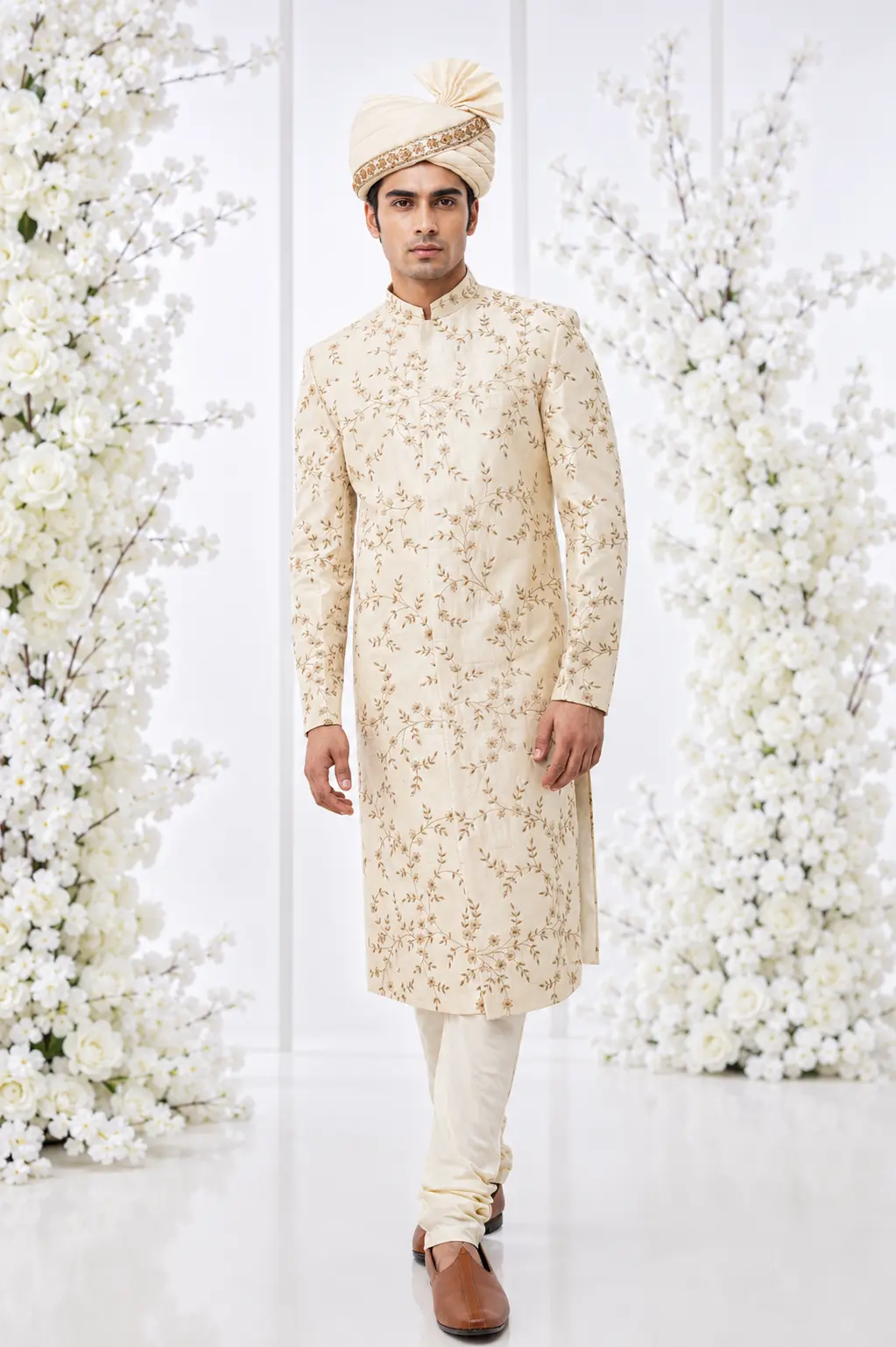 Beige Raw Silk Floral Motif Embroidered Sherwani Set - Image 2