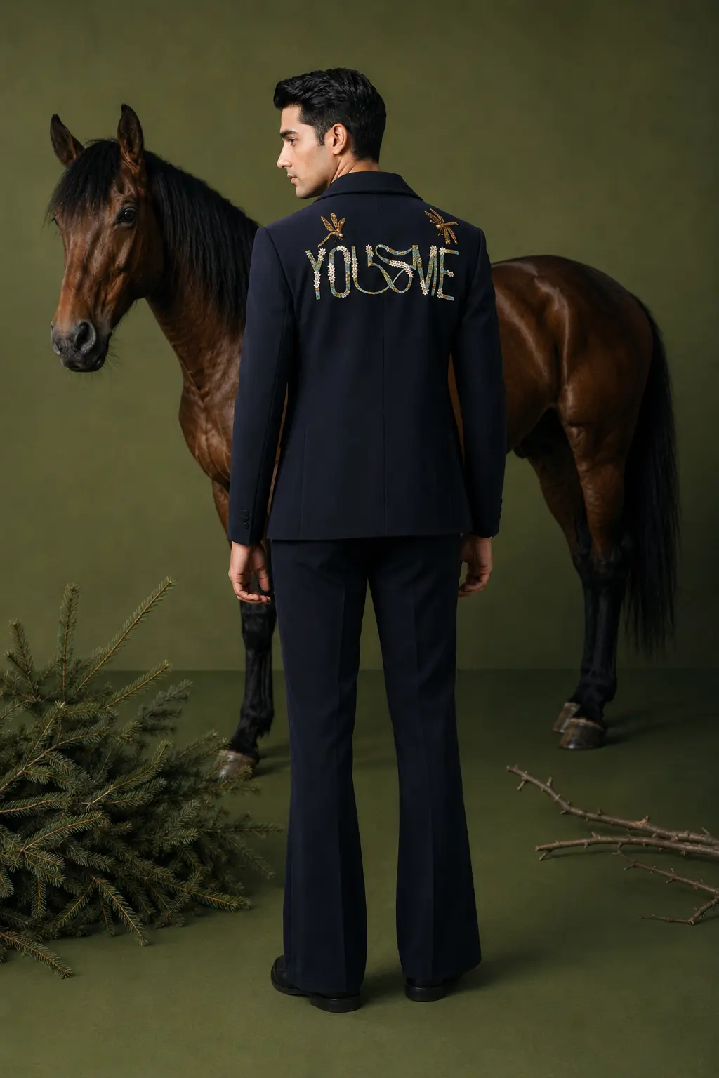 Dark Blue Japanese Floral Aari Embroidered Bomber Jacket Set - Image 2