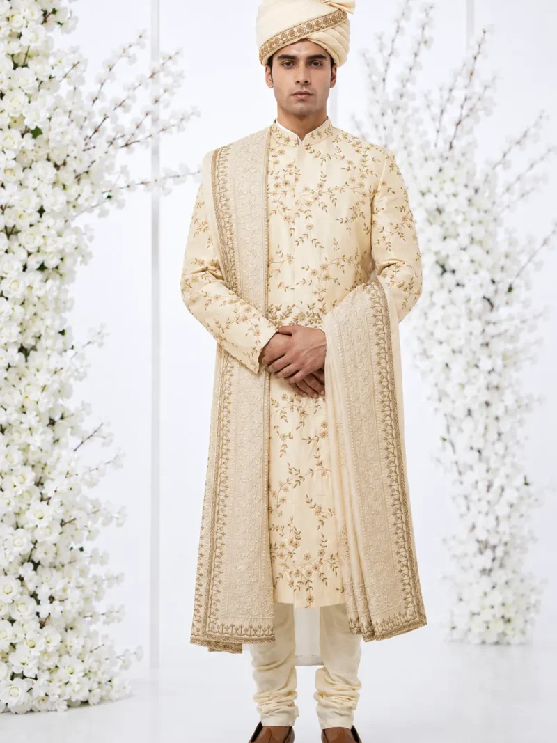 Beige Raw Silk Floral Motif Embroidered Sherwani Set