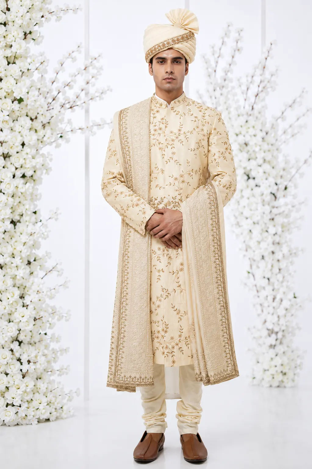 Beige Raw Silk Floral Motif Embroidered Sherwani Set