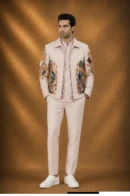 Men's Blush Pink Peacock Embroidered Open Jacket Set