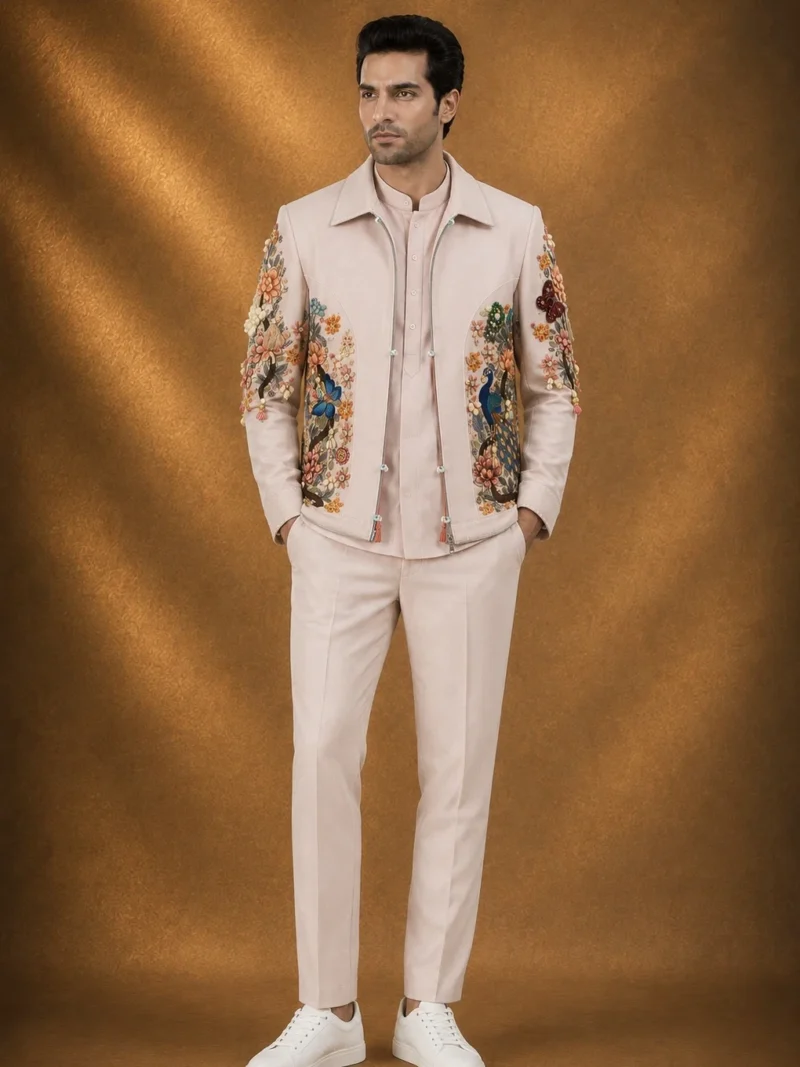 Men's Blush Pink Peacock Embroidered Open Jacket Set
