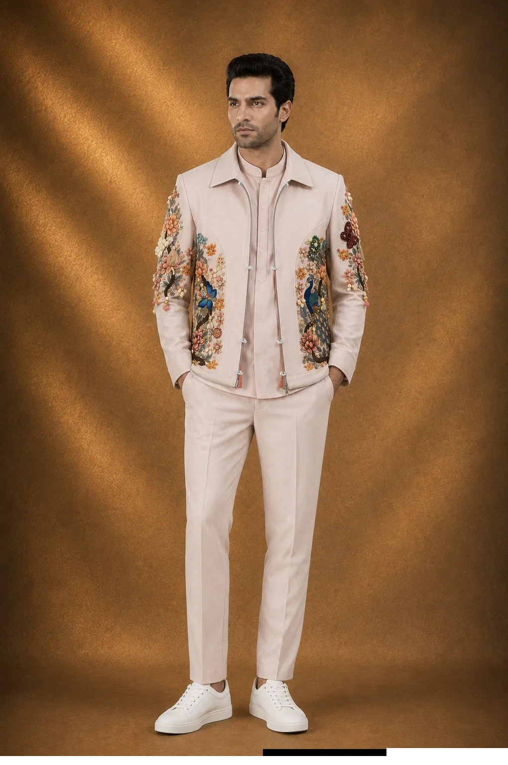 Men's Blush Pink Peacock Embroidered Open Jacket Set
