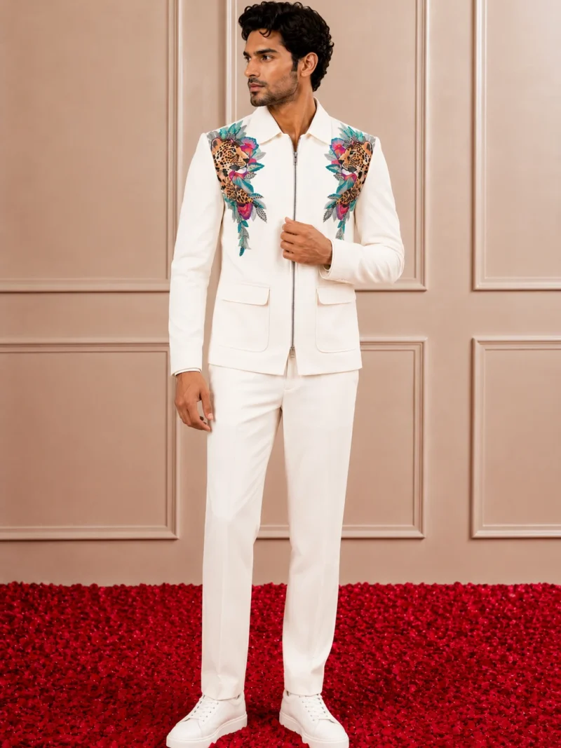 Featuring Ivory bomber jacket in terry rayon blend base with applique embroidery and digital print.