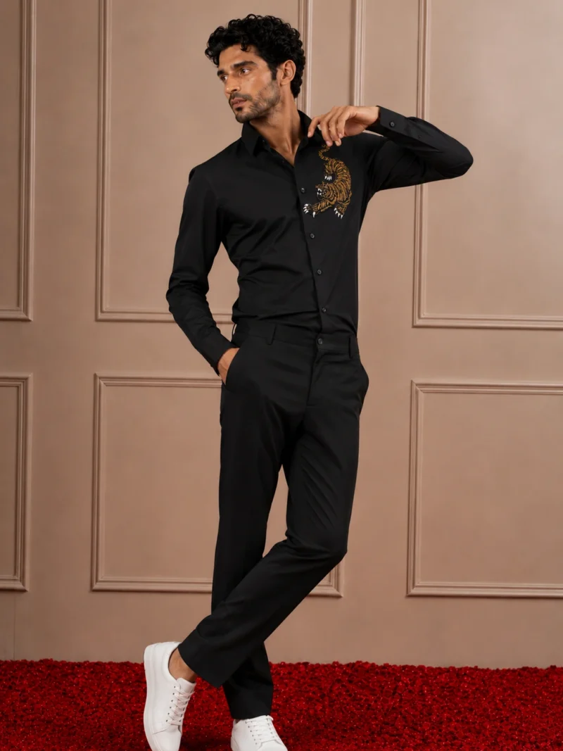 Black 'Fierce Tiger' Embroidered & Beaded Designer Shirt
