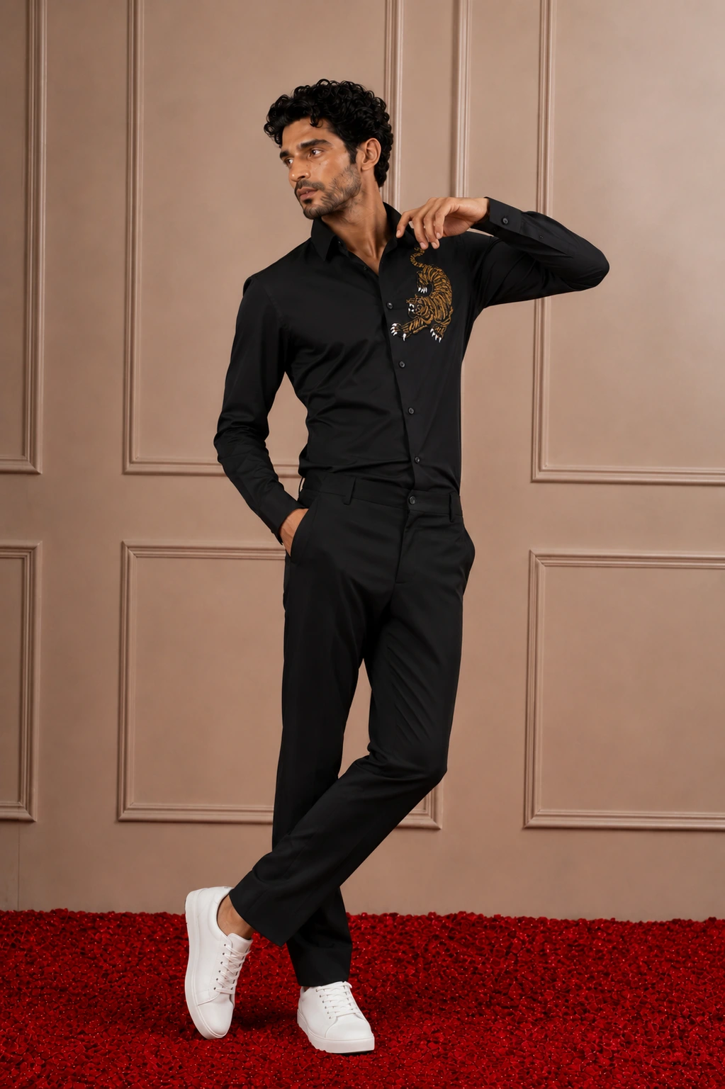 Black 'Fierce Tiger' Embroidered & Beaded Designer Shirt