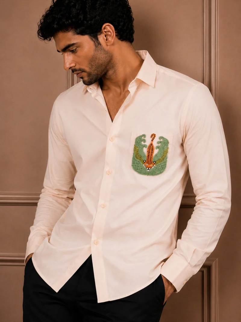 Peach 'Resham Tiger' French Knot Hand-Worked Shirt