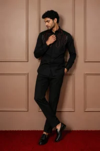 Black 'Crimson Flame' Hand-Beaded Designer Shirt