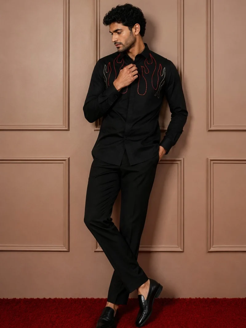 Black 'Crimson Flame' Hand-Beaded Designer Shirt