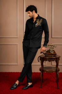 Black 'Majestic Eagle' Hand-Beaded Designer Shirt