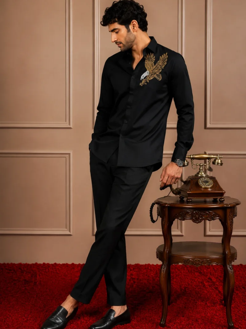 Black 'Majestic Eagle' Hand-Beaded Designer Shirt
