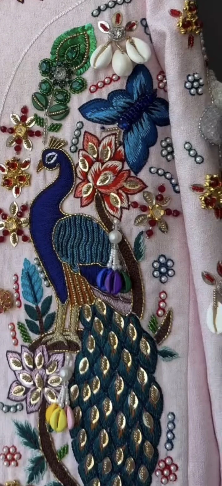 Men's Blush Pink Peacock Embroidered Open Jacket Set - Image 2