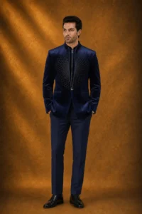 Midnight Blue Resham Embroidered Velvet Jodhpuri Suit