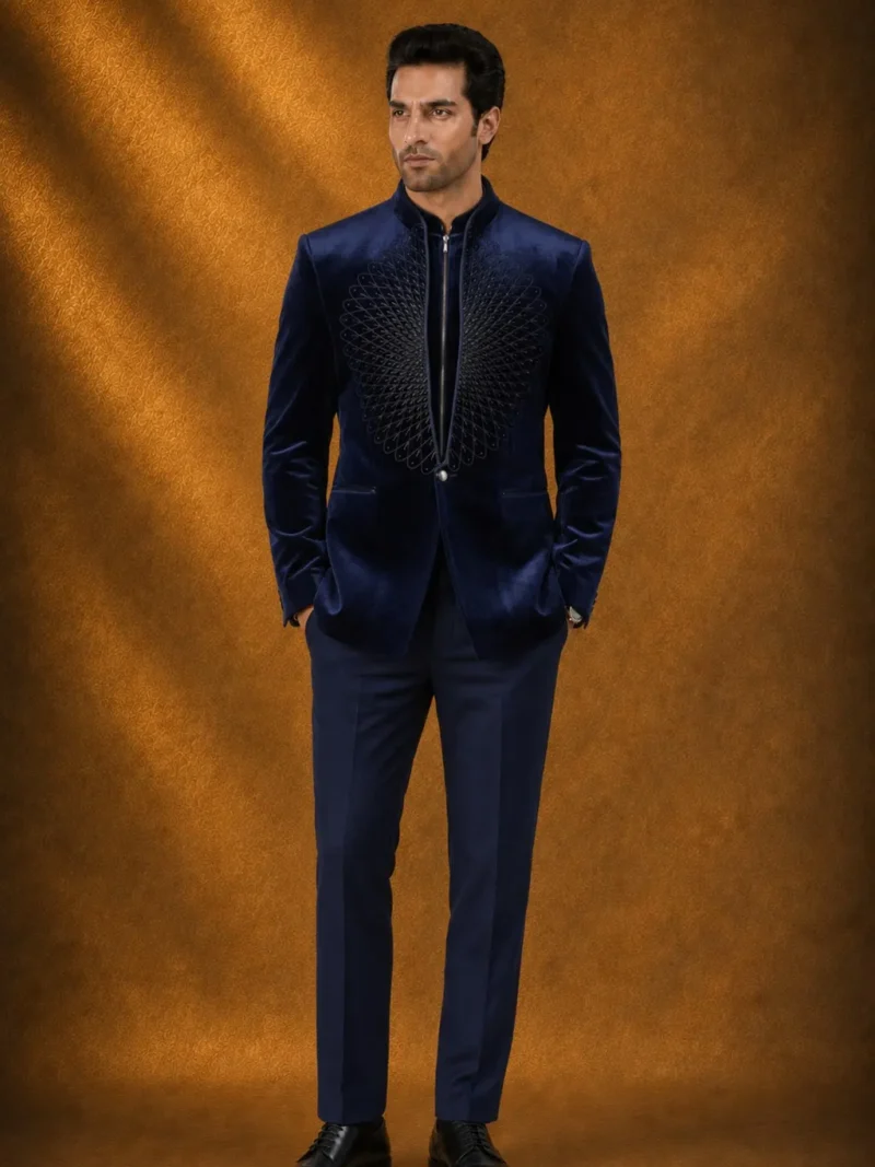 Midnight Blue Resham Embroidered Velvet Jodhpuri Suit