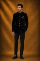 Black Beads Embroidered Suede Jodhpuri Suit with Standup Collar