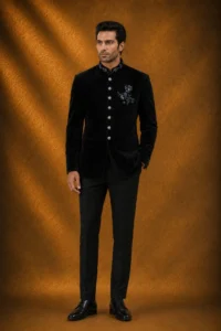 Black Beads Embroidered Suede Jodhpuri Suit with Standup Collar