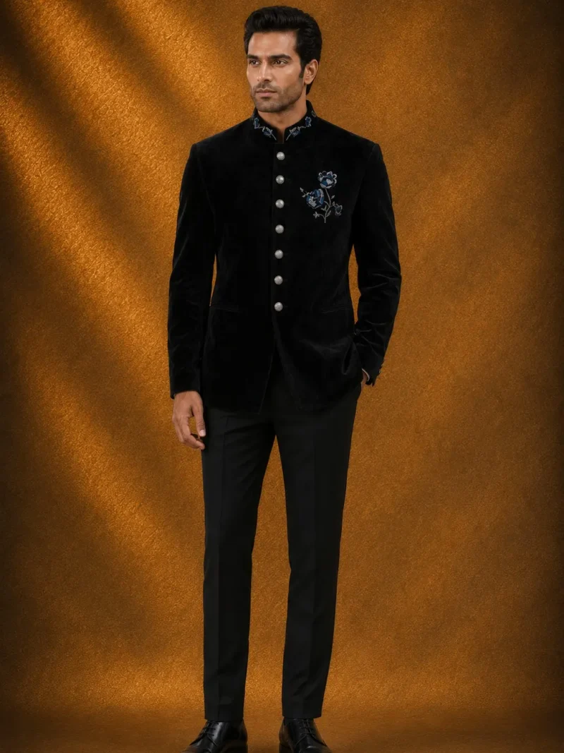 Black Beads Embroidered Suede Jodhpuri Suit with Standup Collar