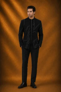 Black Beads Embroidered Bommario Jodhpuri Suit with Standup Collar