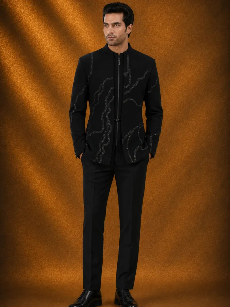 Black Beads Embroidered Bommario Jodhpuri Suit with Standup Collar