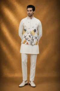 Premium Ivory Linen Satin Kurta and Trouser Set with Botanical Bundi
