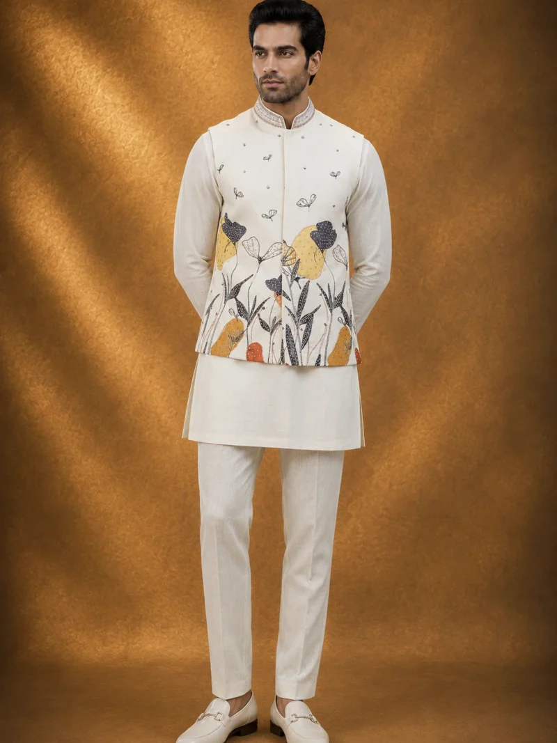 Premium Ivory Linen Satin Kurta and Trouser Set with Botanical Bundi