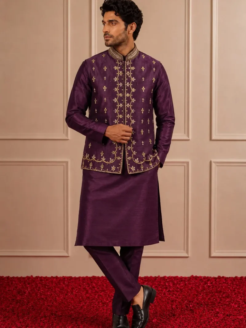 Grapevine bundi jacket in linen satin and silk chanderi