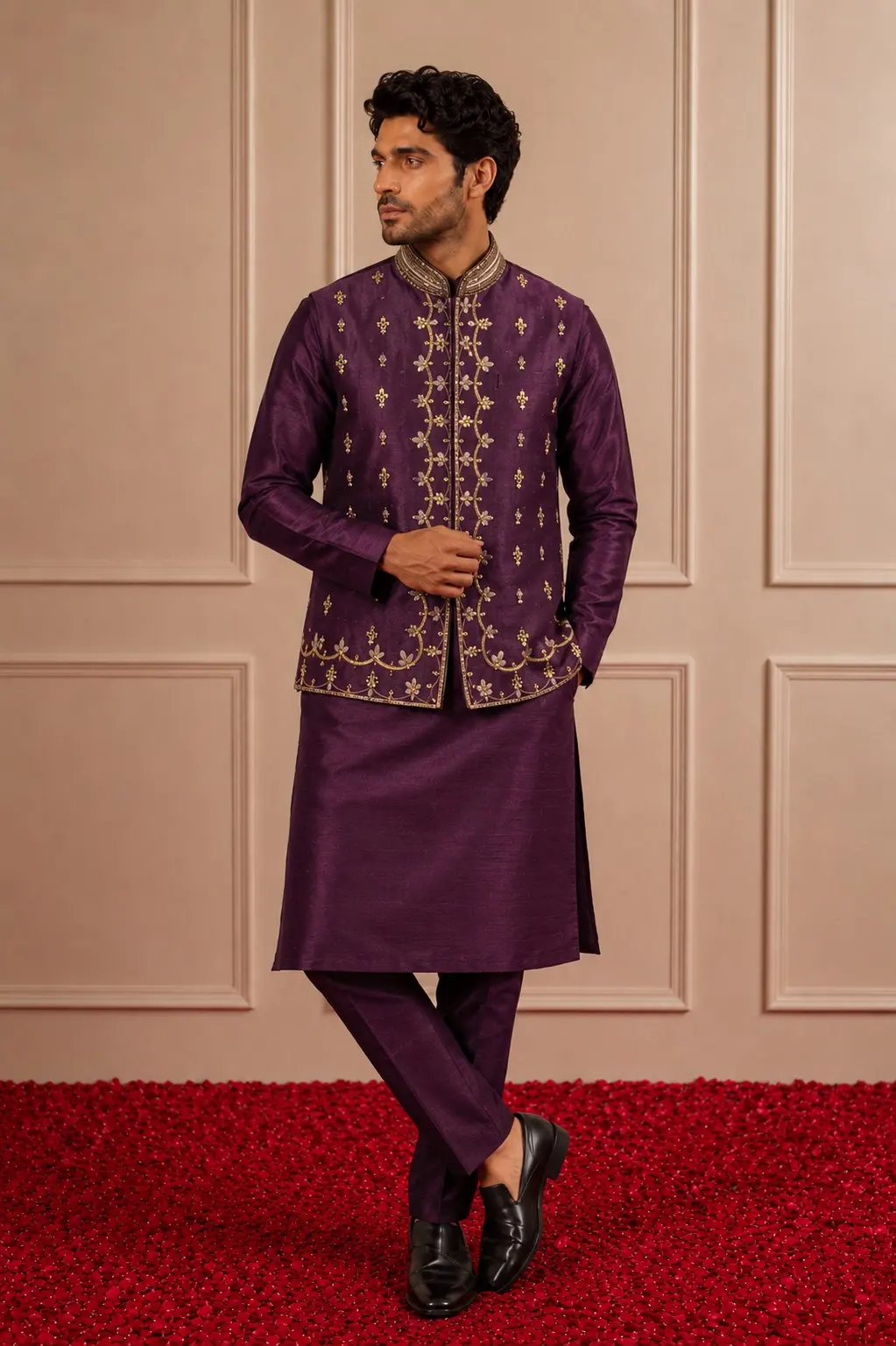 Grapevine bundi jacket in linen satin and silk chanderi