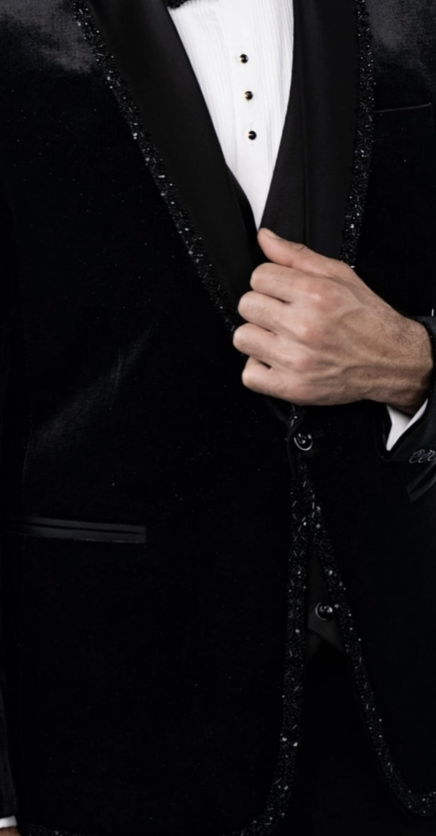 Black tuxedo jacket in velvet base with cutdana and moti hand embroidery - Image 2